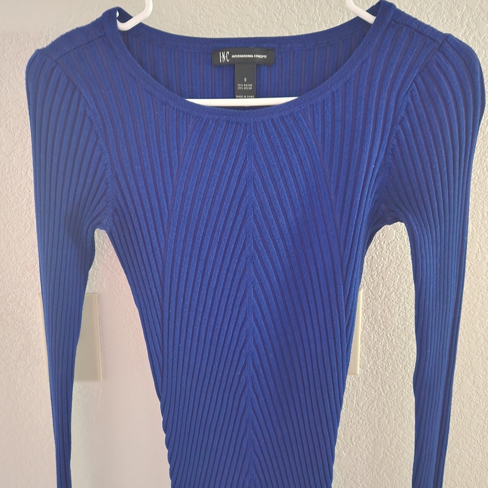 INC International Concepts Blue Ribbed Crew Neck Sweater